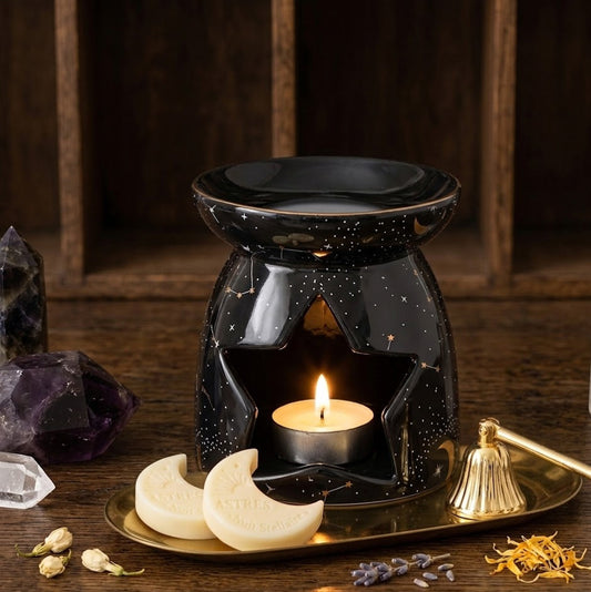 Brûle parfum constellation avec motif étoiles et lune dorée pour diffusion de fondants et huiles  parfumés